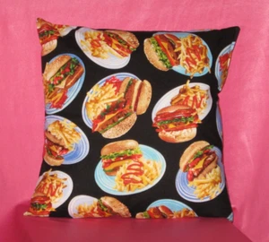 Handmade Throw Pillow Cover - 14" - Hamburgers and French Fries - Multi color - Picture 1 of 2