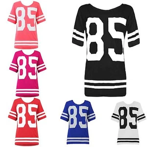 Women Ladies Stripped 85 Top Base Ball Baggy Over sized Jersey T-Shirt - Picture 1 of 4