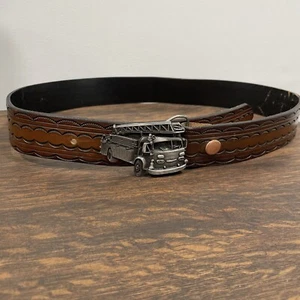 Vintage Leather Belt With Firefighter Fire Truck Buckle Men’s 38 Bergamot Brass - Picture 1 of 7