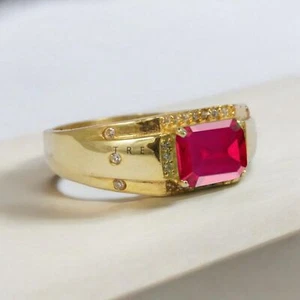 Ruby Emerald Cut With 925 Sterling Silver Gold Plated Ring For Men's #A83 - Picture 1 of 6