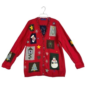 Karen Scott Damen große Strickjacke rot Pullover Knopf Stickerei Weihnachten - Bild 1 von 6