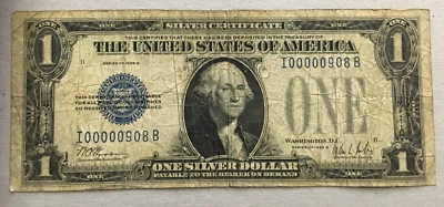 Número de serie bajo 00000908 1928 B $1.00 SELLO AZUL DIVERTIDO RESPALDO CERTIFICADO PLATEADO Foto 1 de 2