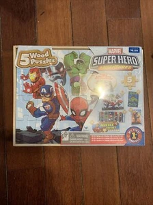 Marvel Superhero Adventures 5 WOOD PUZZLES SET w/Tray & Storage Box~New Sealed - Picture 1 of 2