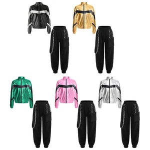 Kids Girls Dancewear Stand Collar Jacket With Pants Elastic Waistband Glossy - Picture 1 of 58