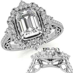 Vintage verzierter Smaragd Moissanit Antik Halo Rolle Kathedrale Verlobungsring - Bild 1 von 8