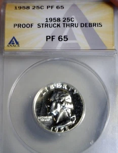 1958 ERROR ANACS PR65 Strck Thru Debris Washington Quarter GEM Proof SILVER Coin - Picture 1 of 10