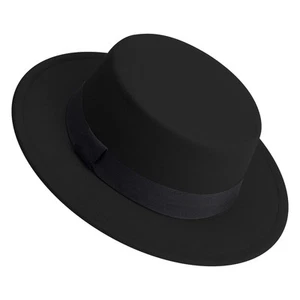 Classic Fedora Hat Flat Top Hat Felt Pork Pie Hat Wide Brim Church Derby Cap ... - Picture 1 of 6