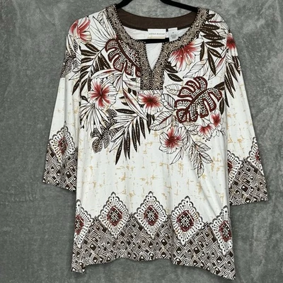 Alfred Dunner 1X Shirt Top White Floral Flower 3/4 Sleeve Split Scoop Neck Knit - Image 1 of 4