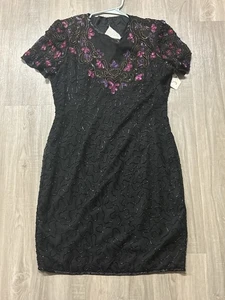 Vintage Pure Silk Beaded Dress Size 12 Black Purple Cocktail Party Deco Gatsby - Picture 1 of 3