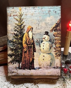 Rustic Santa, Snowman, Old Fashioned Christmas, Handcrafted Plaque / Sign - Picture 1 of 3