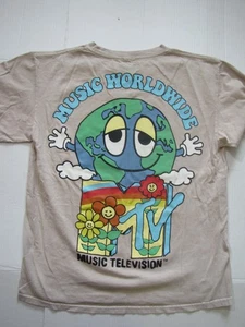 MTV Music Television Shirt Mens Medium Tan Worldwide Earth Flowers Graphic Tee - Picture 1 of 6