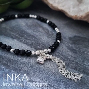 925 Sterling Silver Onyx and Tassel Bracelet Beaded Gemstone Stacker By INKA - Picture 1 of 7
