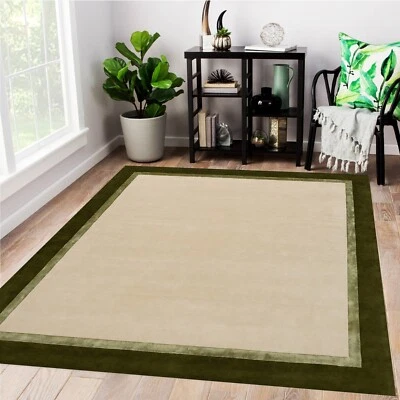 Green & White Wool plain with border Hand Tufted Rug for Home Décor ,Kids Room , - Image 1 of 4