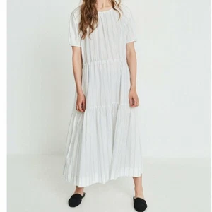 Skall Studio Lee Dress Striped Printed White Short Sleeve Midi Cotton Small S NW - Picture 1 of 8