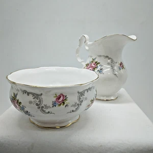 Royal Albert Bone China "Tranquillity" Pink Rose Pattern Milk Jug & Sugar Bowl - Picture 1 of 18