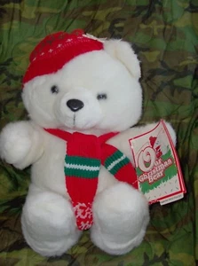  Kmart 1986 Teddybär Weihnachten Urlaub weiß rot Mütze & Schal 18" Vintage Etikett - Bild 1 von 10
