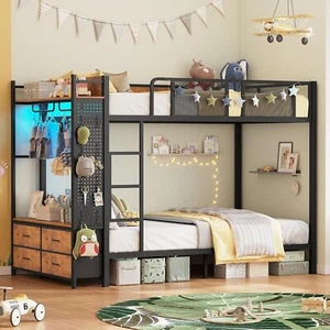 Metal Bunk Bed Twin Over Twin with Hall Tree, LED Bunk Bed with 4 Storage Drawer - Picture 1 of 8