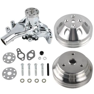 Chrome Long Water Pump & 2 Groove Crankshaft Pulley Kit for SBC Chevy 305 350 - Picture 1 of 10