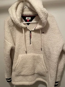 Tommy Hilfiger Women's Ivory Sherpa Zip Hoodie Size L NEW Tommy Jeans Fleece - Picture 1 of 4