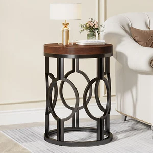 Rustic Wood Round End Table for Living Room, Small Sofa Side Accent Coffee Table - Picture 1 of 12