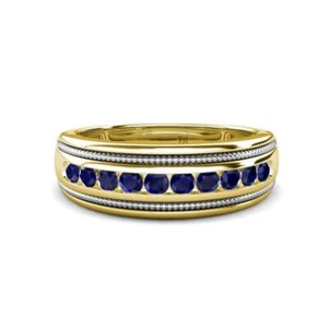 Blue Sapphire 2 Toned & High Polished Edges Men Wedding Band 14K Gold JP:322834 - Picture 1 of 16