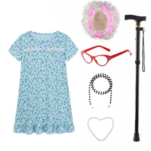 Kids Old Lady Costume Girls 100 Days of School Costume Halloween Granny Cosplay - Picture 1 of 22