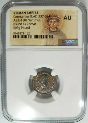 Констанций II Римская империя BI Nummus AE3/4 NGC AU Древний Epfig Клад Родословная - Изображение 1 из 4