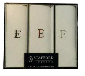 Men's Stafford Essentials Fine Handkerchiefs White w/ MONOGRAM "E" Set of 3 NEW - Picture 1 of 2