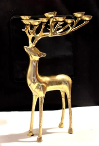 Vintage Indien Messing Hirsch Hirsch 10 Punkt Kugel Kerzenhalter 18,5 Zoll 6,4 Pfund - Bild 1 von 13