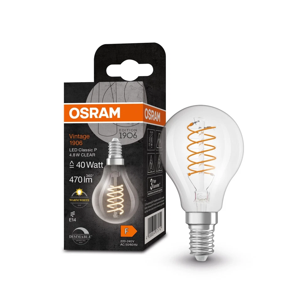 OSRAM Lampada LED Vintage 1906 Classic P FIL, E14, sfera, trasparente, 4.8 nG0d - Immagine 1 di 1