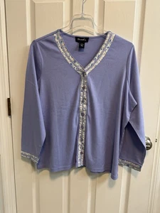 Denim Co 1X Purple Button Cardigan Floral Trim On Placket Cuff Long Sleeve - Picture 1 of 11