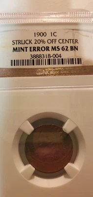 1900 Struck 20% Off Center Mint Error Indian Head Cent 1C NGC MS62 BN NGC  - Image 1 of 4