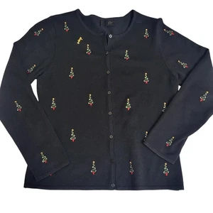 ETOLLE Black Embroidered Christmas Tree Cardigan Sweater Size M Preppy Classy - Picture 1 of 7