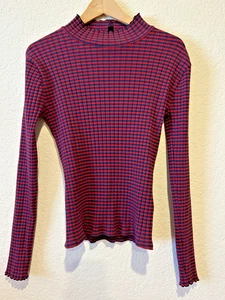 J Crew Ribbed Mock Neck Top Red Navy Blue Stripe Gr. S Stretch Preppy Salat Hem - Bild 1 von 8