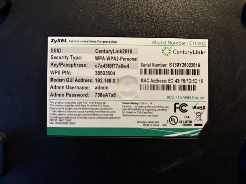 Centurylink Zyxel C1000Z VDSL2 DSL 4-Port Modem with Wireless Router - Image 1 of 1