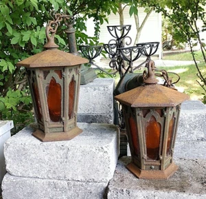 Antique Chandelier Pendant Gothic Amber Glass 11" tall Amber glass Lot of 2 - Picture 1 of 16