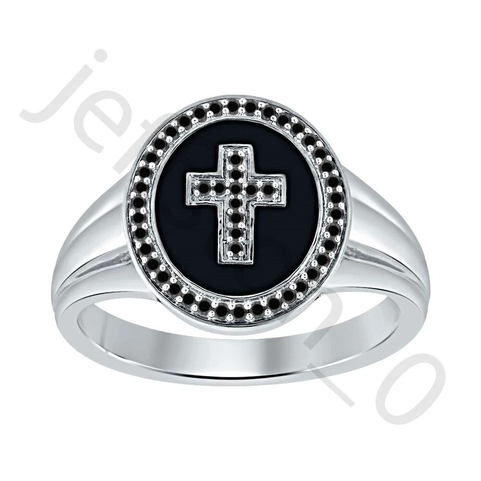 Anillo Pinky Esmalte Crucifijo Cruz Oro Blanco 14k Espinela Negra Creada 0.30ct Foto 1 de 4