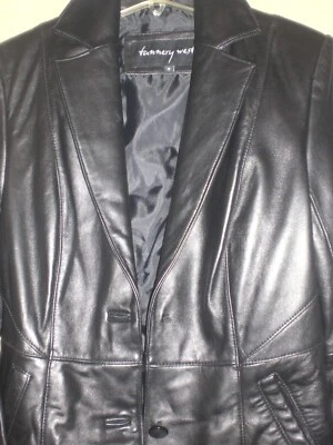 Black Leather Jacket Tannery West Leather Polyester SZ S Small Solid Button - Image 1 of 4