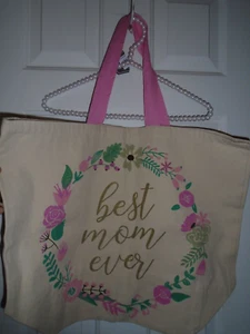 Adorable bolso de mano de lona espacioso con BEST MOM EVER asas rosa NUEVO CON ETIQUETAS - Imagen 1 de 1