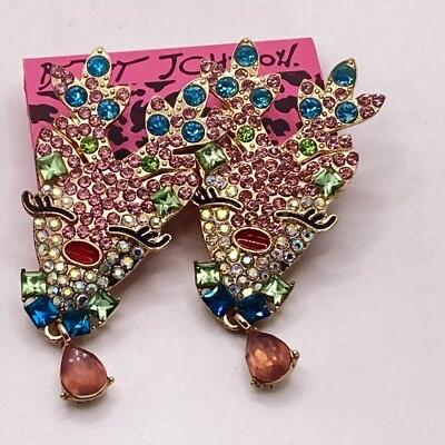 2.5" NEW BETSEY JOHNSON PINK & AB RHINESTONE REINDEER CHRISTMAS DANGLE EARRINGS - Image 1 of 4