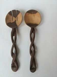 Wood Carved Salad Spoon and Fork With Braided Twisted Handles Serving Set - Picture 1 of 7