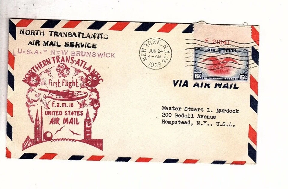 USA First Flight Northern Trans-Atlantic 1939 via Air Mail  New Brunswick (bb1 - Image 1 of 1