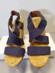 Damen-Sandalen 7,5 B Lucky Brand Marla Kork Keilabsatz Plateau marineblau Canvas-Riemen - Bild 1 von 12
