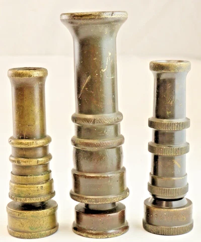(3) Brass Hose Nozzles: (2) Boston + (1) Nelson Rainbow / Vintage Garden Tools Cover