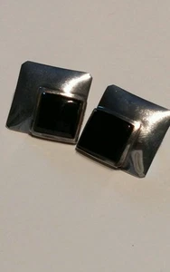 Vintage Ohrringe schwarzer Onyx und Sterlingsilber signiert CW - Bild 1 von 9