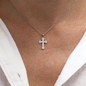0.15 ctw Natural Diamond Solid 14k White Gold Unisex Budded Cross Pendant 23 MM - Picture 1 of 8
