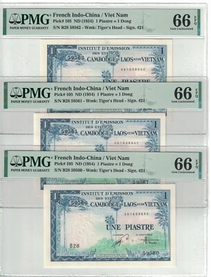 FRENCH INDOCHINA Lot of 3 Notes x 1 PIASTRES 1954 Pick# 105 PMG: 66 EPQ. #PL1302 - Image 1 of 2