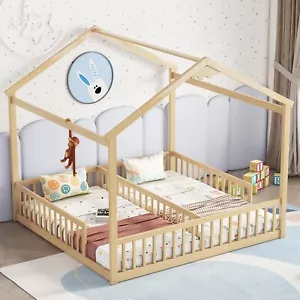 Double Twin Montessori Floor Bed with Fence & House Roof - Picture 1 of 7