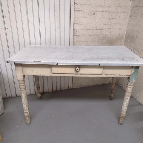 Vintage Farmhouse Table Industrial Porcelain Enamel Top With Drawer Cover