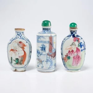 Chinese Antique Qing Dynasty Blue Porcelain Hand Painted Snuff Bottle 3pc Lot - Picture 1 of 6